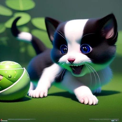 pixar style, volumetric garden environment and background, realistic painting of a cute midget tuxedo kitten laying on the ground, looking excited, detailed digital painting, extreme dense and fine fur, anime, ornate, colour-washed colors, elegant, small minutiae, tiny features, particulars, centered, smooth, sharp focus, renderman gofur render, 8k, uhd, detailed eyes, realistic shaded volumetric lighting, sunlight caustics, backlight, centered camera view