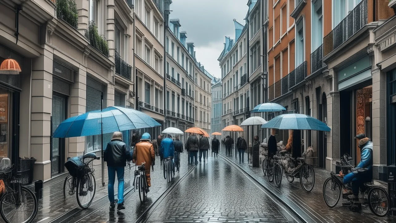 Rainy day on a busy European street with buildings, parked bicycles, and people with umbrellas