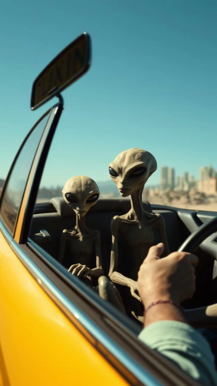 aliens sitting in an taxi car and the driver looking at them in the mirror
