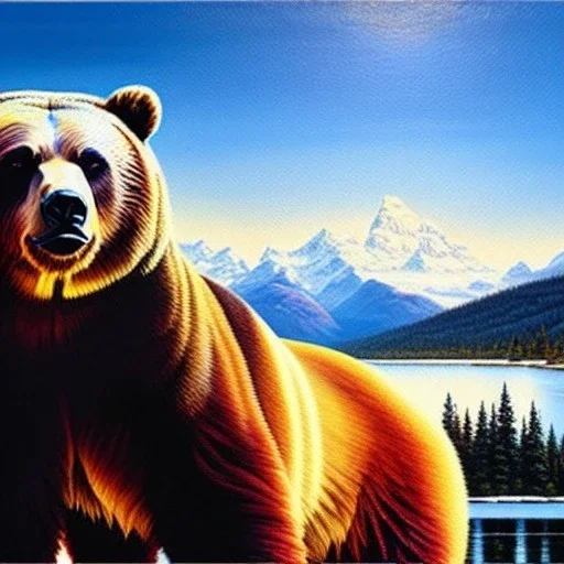 portrait of 'Grizzly Bear',River,snow,mountains,painting by Earl Norem, simon Bisley,frazetta,西嘛哒, evan lee, Vallejo,kelly oil on canvas, cinematic composition, extreme detail,fit full head inside picture,8k