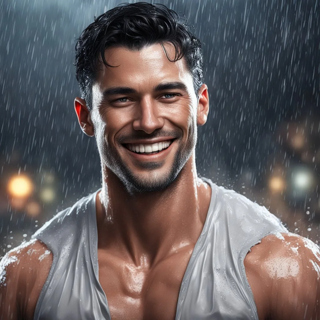 Hyper realistic extremely handsome muscular short black hair man smiling & wearing a wet shirt in a heavy rainy night