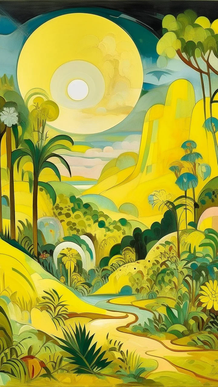 A pale yellow shining rainforest near an arid desert painted by Wassily Kandinsky