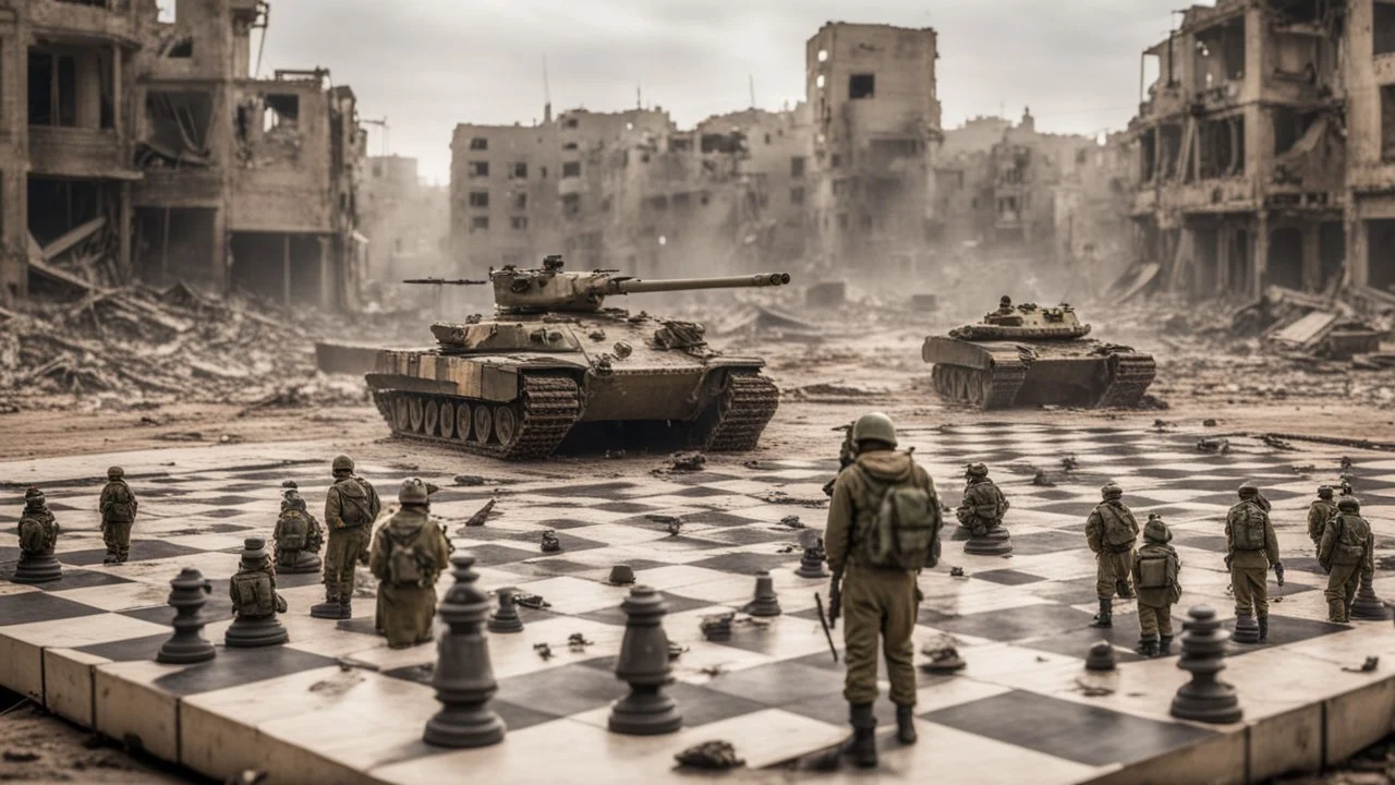 Israeli soldiers and tanks stand on a very large chessboard in the middle of a destroyed city