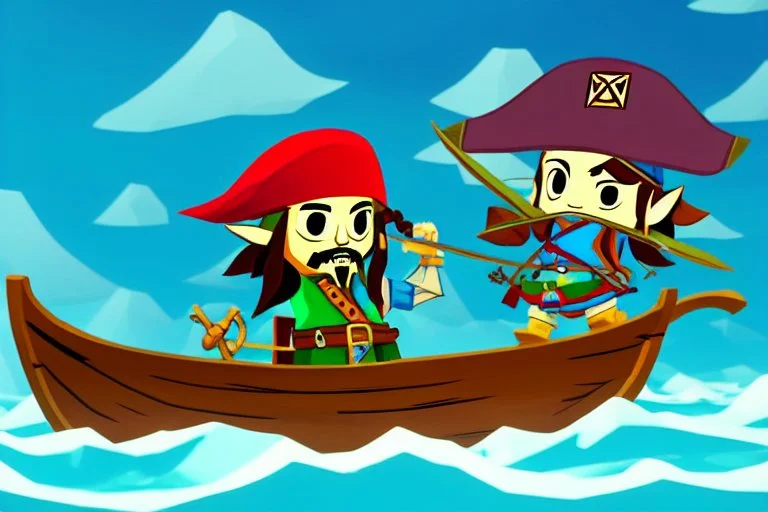 Cartoony Captain Jack Sparrow sailing on a small boat, in the middle of blue oceans, Legend Of Zelda: Wind Waker style, stylized, colorful, adventurous.