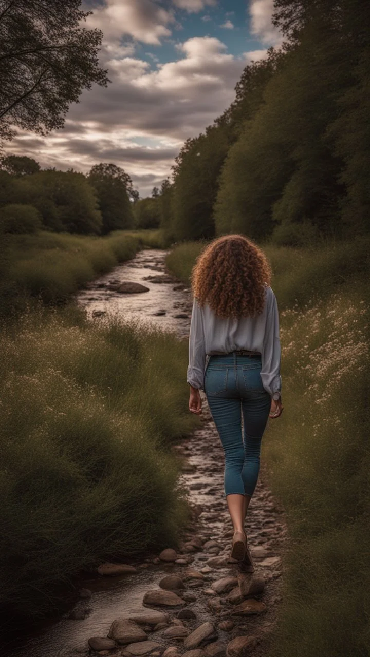 full body shot of a very beautiful lady curly hair, walks in the country side with a narrow river with clean water and nice rocks on floor. The trees and wild flowers pretty country houses ,nice cloudy sky.