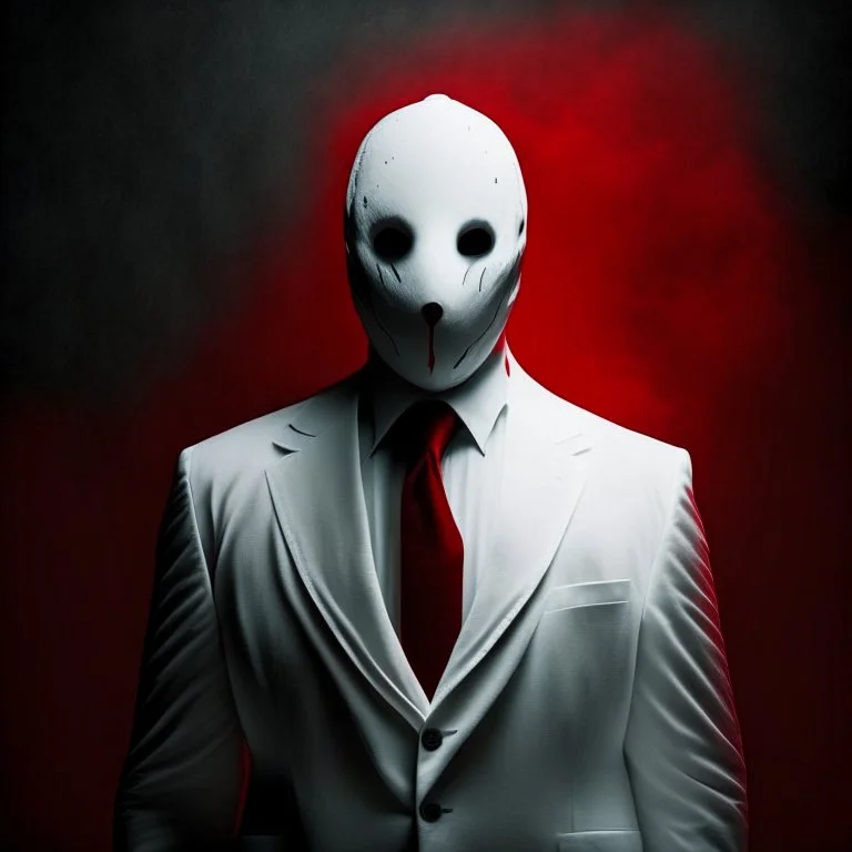 a scary man wearing a white suit with a red tie who has no face