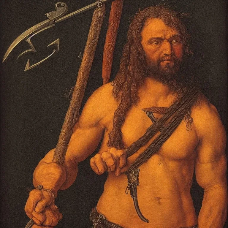 Portrait of a barbarian warrior with big axe in the style of Albrecht Dürer