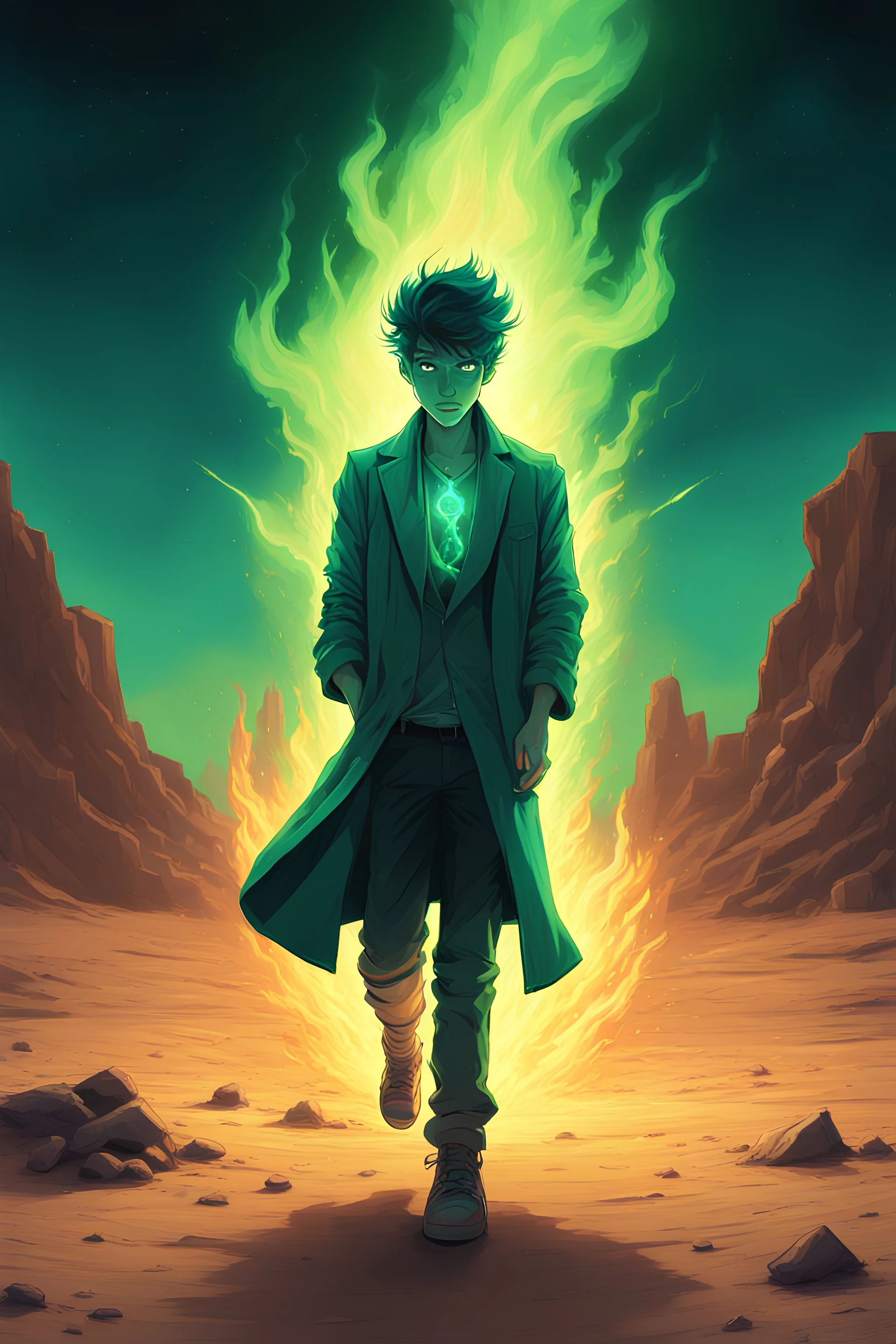 2.5D, stable xl, cute boy, teenager, An epic atompunk-style image set in a nighttime desert. A man is in the dramatic act of ripping open his shirt to reveal a chest that burns with an intense atomic fire. His body is transforming into a glowing mass of pure nuclear energy, radiating hues of green and blue. wearing overcoat. The sand around him is illuminated by the brilliant light emanating from his form. Within the glowing inferno in his chest, an atom symbol is clearly visible,