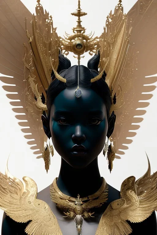 Detailed cosmic horror creature with wings, hair buns, bangs,bodysuit, intricate details, full body portrait, keep head in frame, slight smile, black Japanese motif, concept art, highly detailed, digital painting, concept art, sharp focus, illustration, art by Yoji Shinkawa, WLOP and greg rutkowski and alphonse mucha and artgerm and yanjun Chen and Junji ito and Makoto Shinkai, HDR, octane render