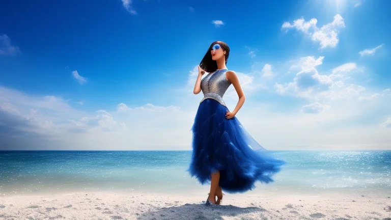 very nice real face beautiful sexy roman with make up at the beach standing pose in a short lace dark blue and silver dress, full body, 3D coudy sky volumetric nice clouds 8k sharp focus