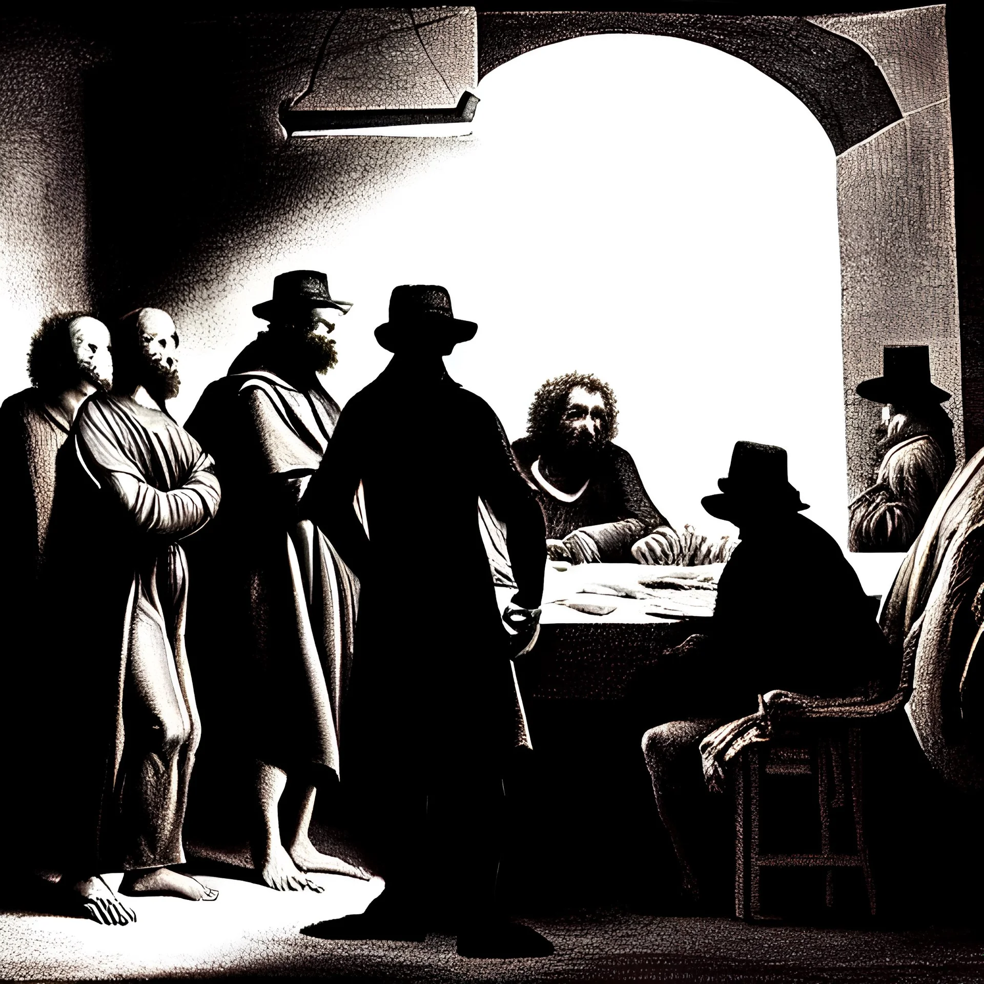 hyper realist, silhouettes, small group of vitctorian man discussing, hyper detailed, realist, awesome, chiaroscuro, high contrast, black and white, quill pen, gustave dorè style