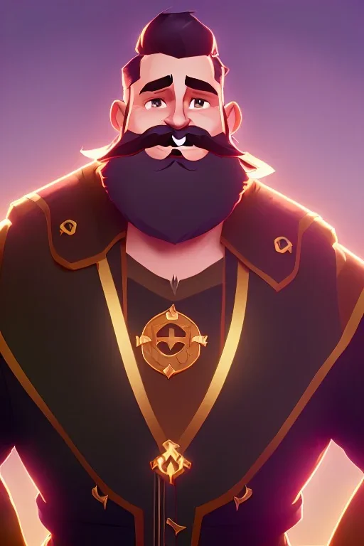 Bearded strong man wearing a thick fur-lined merchant's coat, wearing gold rings, divine, halo, happy smiling, portrait, high definition, realistic, long hair, dynamic lighting, volumetric lighting, mustache