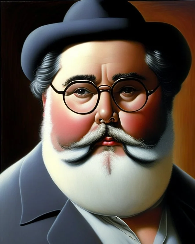 Pintura del pintor Fernando Botero de pie, con gafas redondas y barba blanca pequeña, bigote pequeño, cuerpo completo, arte de tinta, calidad ultra, 8k, cuerpo completo, barba pequeña