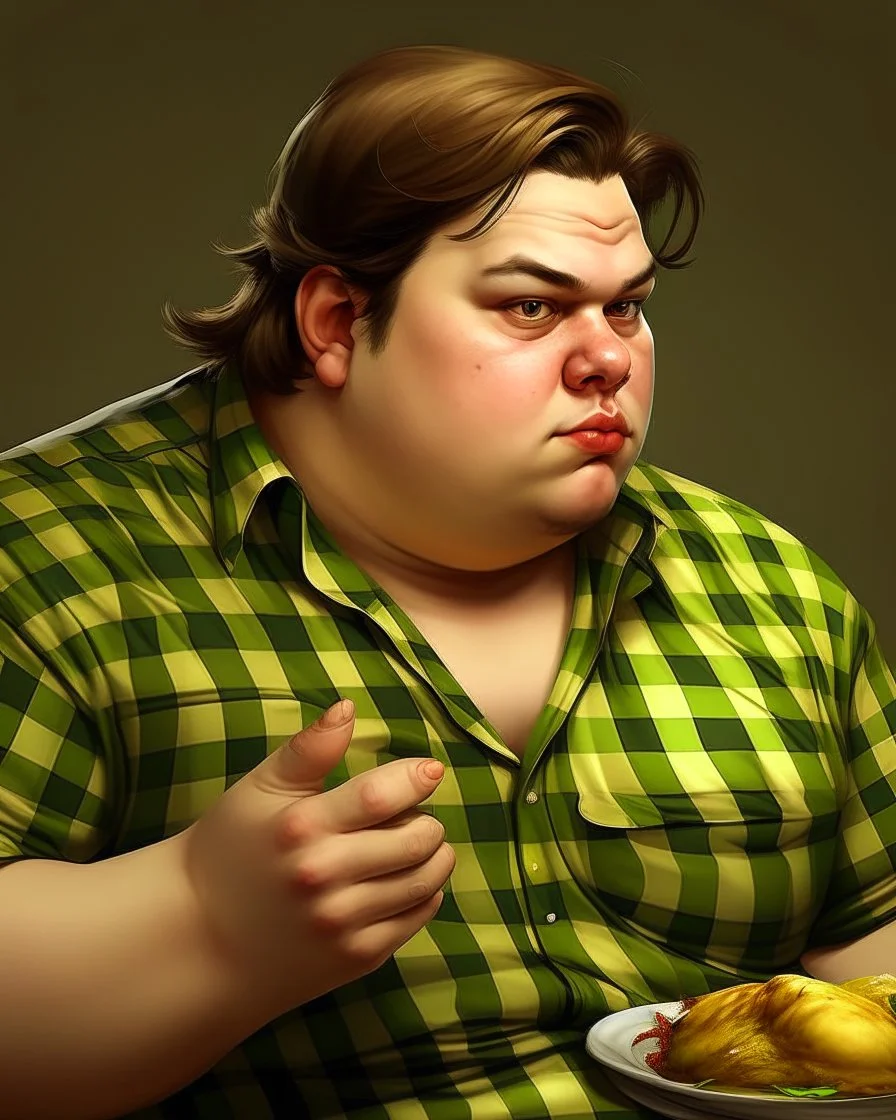 Portrait d'un jeune homme mangeant un grand poulet, ultra obèse; cheveux bruns et teint blanc, porte une chemise à carreaux de couleur vert olive. HD portrait, Artstation