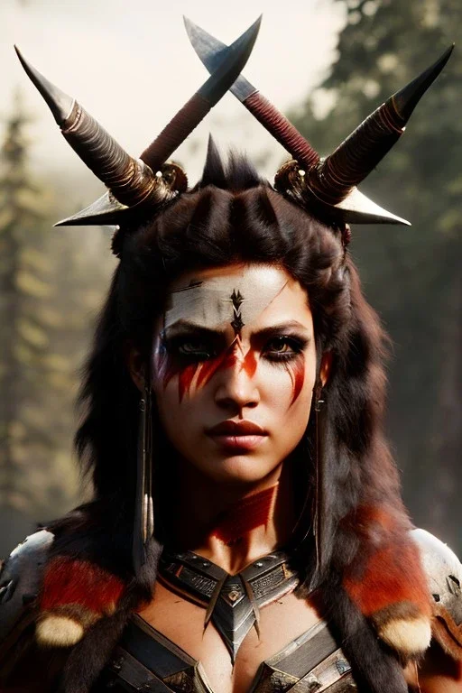 Barbarian character, animal hide armor, physically fit, tribal tattoos, scars, washboard abs, red facepaint, red hair, dark eyeshadow, intricate eyeliner, soft round eyes, beads in hair, 8k resolution, cinematic smooth, intricate details, vibrant colors, realistic details, masterpiece, oil on canvas, smokey background