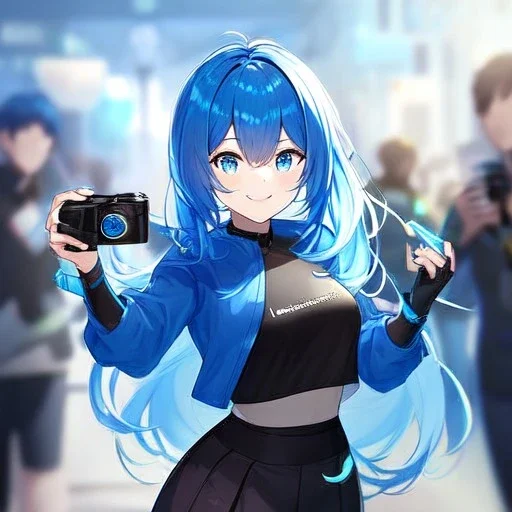 Clear focus,High resolution, Vibrant short blue hair, Vibrant blue eyes, Wearing a black short skirt,black crop top sleevelss,blue cut sleeves,black fingerless gloves, Smiling,Long bangs, Smiling, Holding the camera