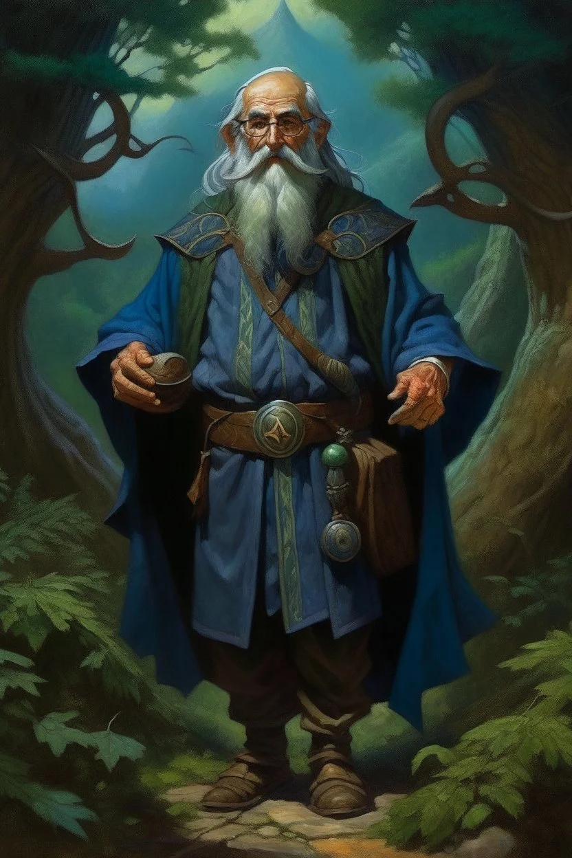 1970's dark fantasy cover dnd style oil painting of an old herbalist hero with sport outfits with minimalist far perspective. Magazine.