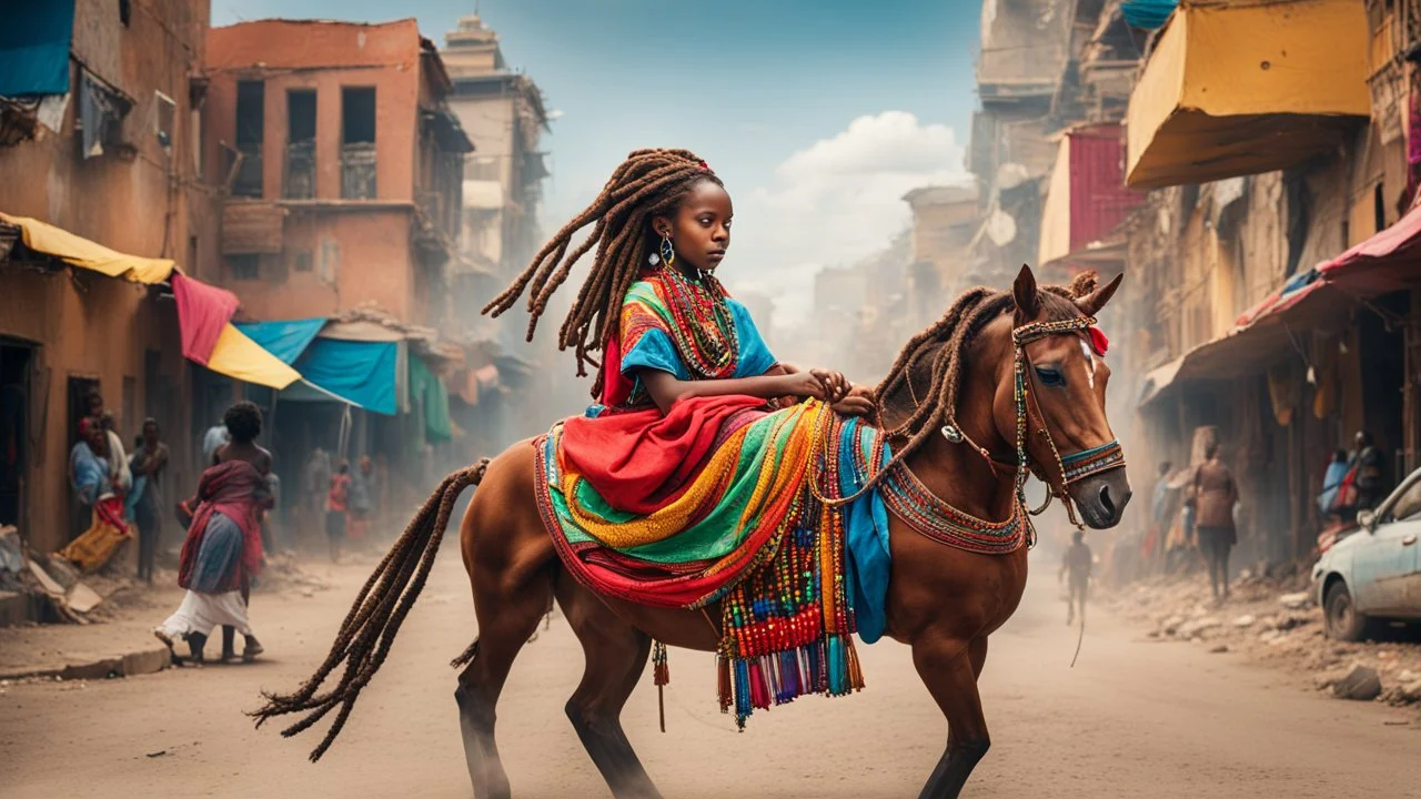 "I'm envisioning a captivating scene featuring an Ethiopian local girl with dreadlocks riding a horse in the city. The backdrop is a vibrant Ethiopian cityscape, seamlessly blending traditional and modern elements. The girl, adorned in colorful and traditional clothing, proudly displays beautiful dreadlocks adorned with beads and accessories. She skillfully rides a horse through the bustling city streets, with the horse adorned in traditional Ethiopian fabric and beaded decorations. The surround