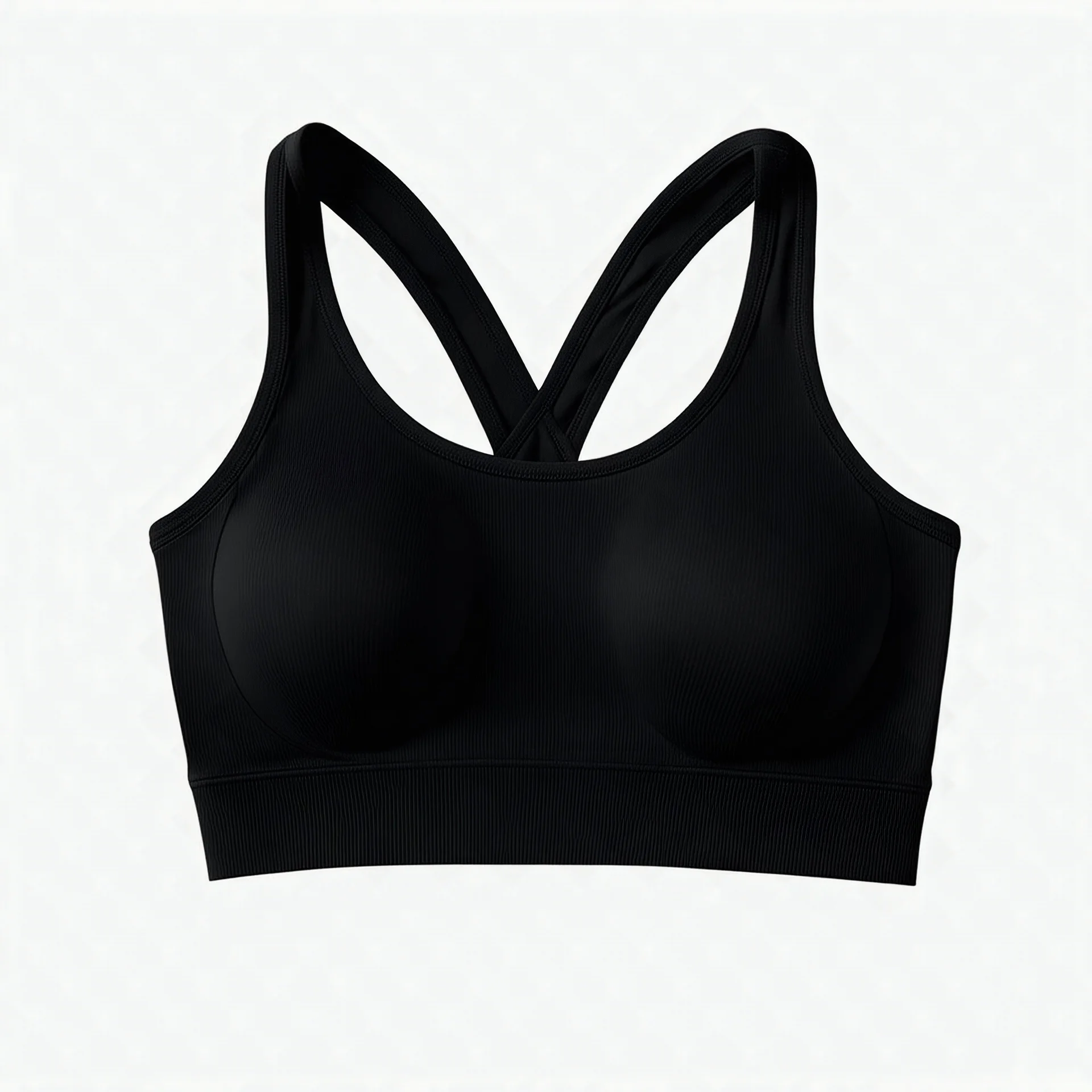 Folded Cross-back sport bra, top view, flat lay, realistic, active wear, black smooth material, round neck, cross-back with four spaghetti straps,