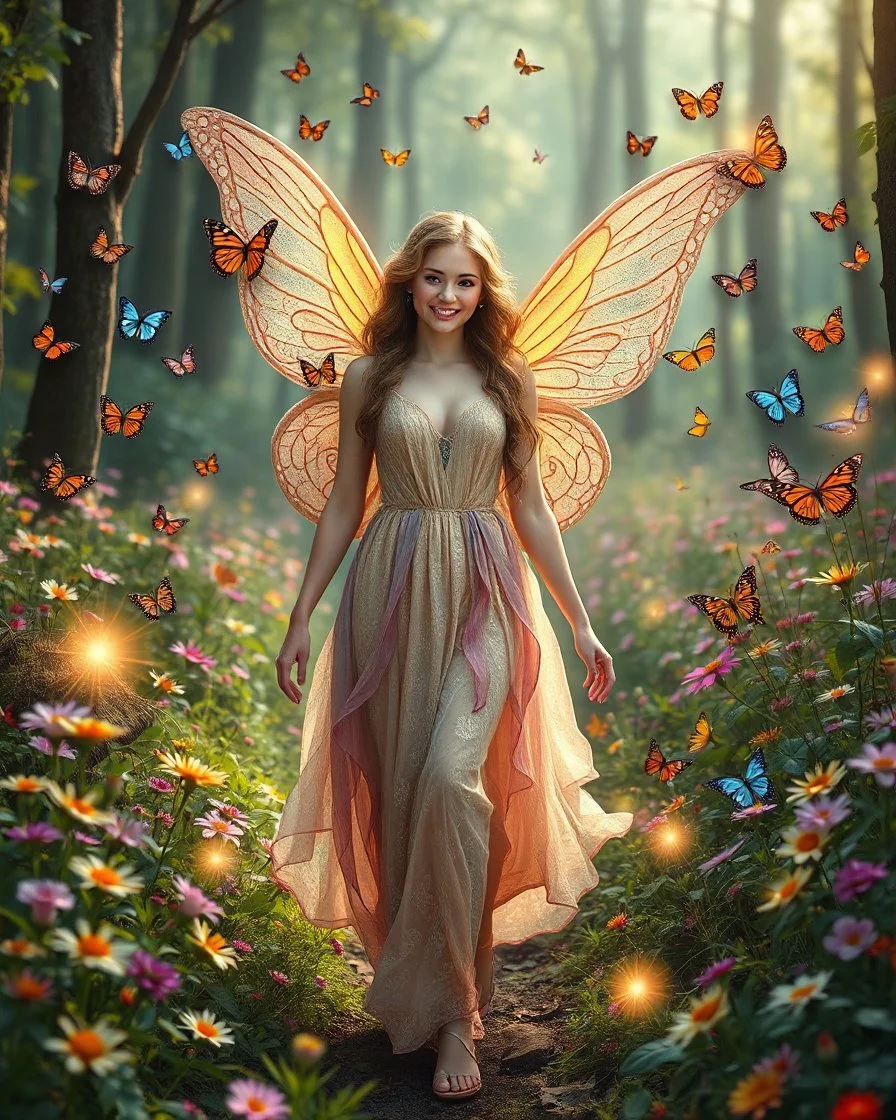 Beautiful Lady Fairy smiling walk in forest with flowers and many colourful butterflies and fireflys, photography art