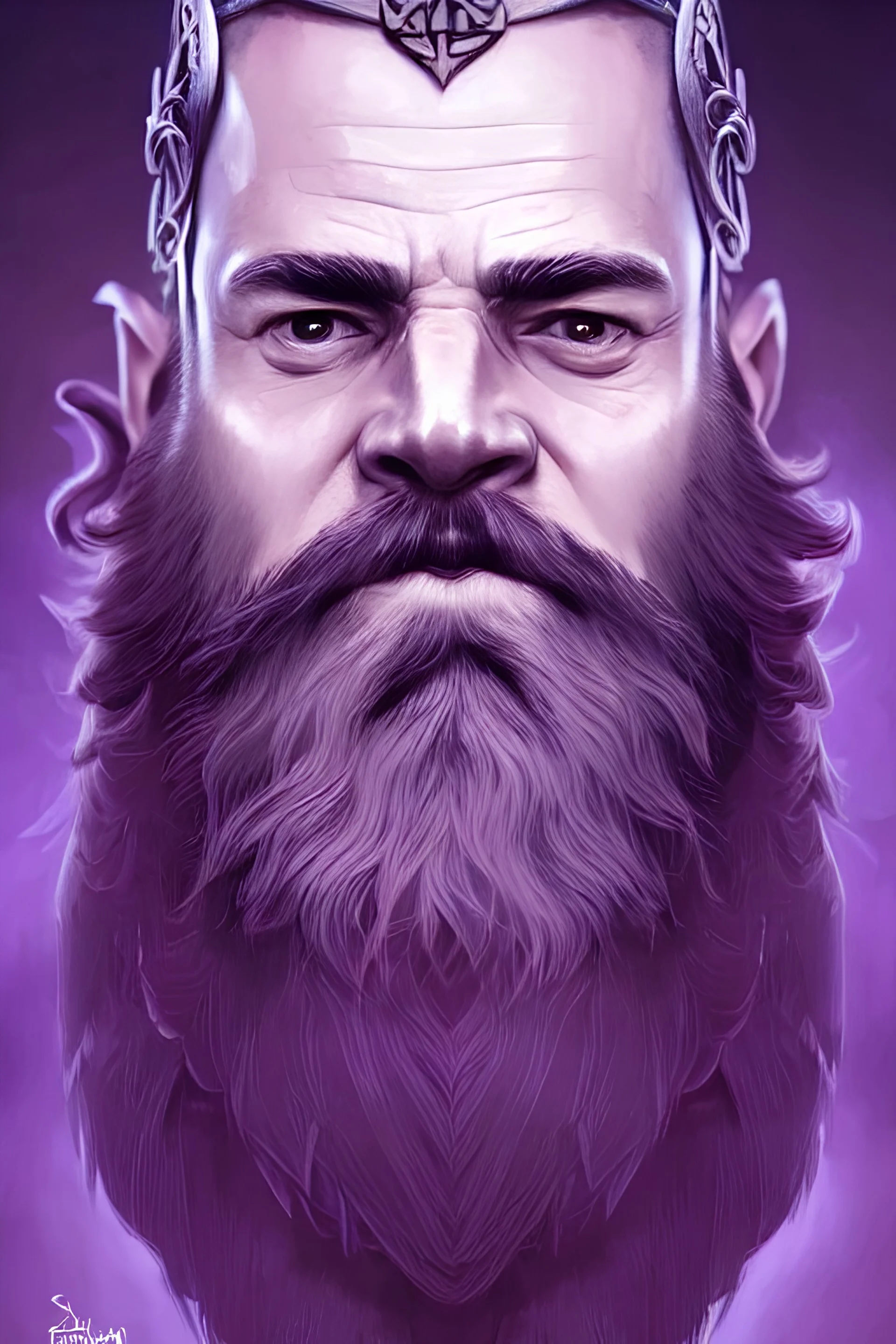 highly detailed portrait of an elegant viking king with a beard, ornate crown, beautiful symmetrical face, purple tones, purple background, glowing skin, digital painting, artstation, concept art, smooth, clear focus, illustration, greg rutkowski, artgerm, global lighting, detailed and fantasy