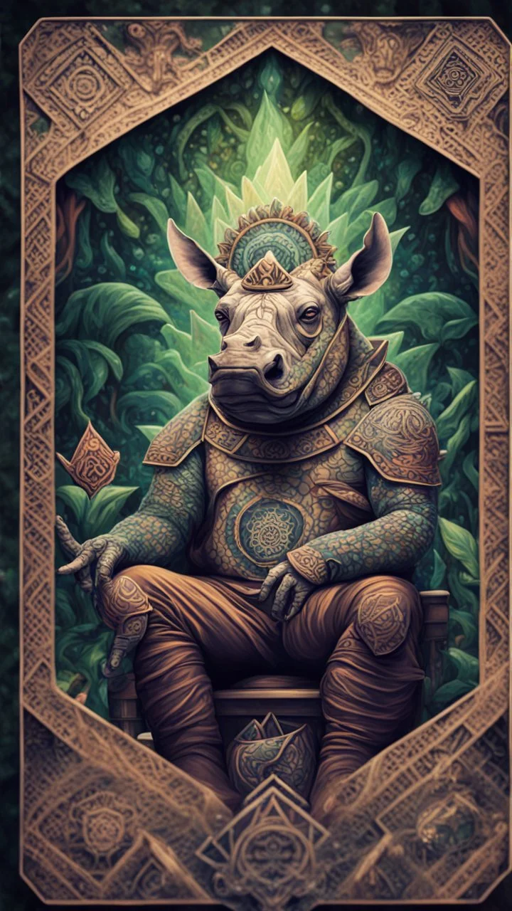 mandala style framed playing card illustration, close up portrait of an ace happy blessed ancient magical scaly slimy weird rhino mad max soldier posing for photo shoot on a throne, holding a burning sceptre, in a space alien mega structure with stairs and bridges woven into a sacred geometry knitted tapestry in the middle of lush magic jungle, bokeh like f/0.8, tilt-shift lens 8k, high detail, smooth render, down-light, unreal engine, prize winning