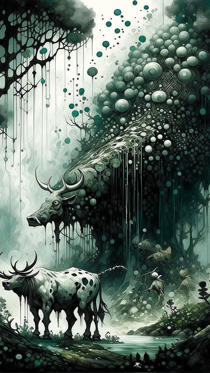 A bull or a horse with a wooden totem with spikes on it, in the middle of the forest. Opposite is a tree with a green-skinned man on it., by Ryohei Hase, Agnes Cecile, Raymond Swanland, Anne Bachelier