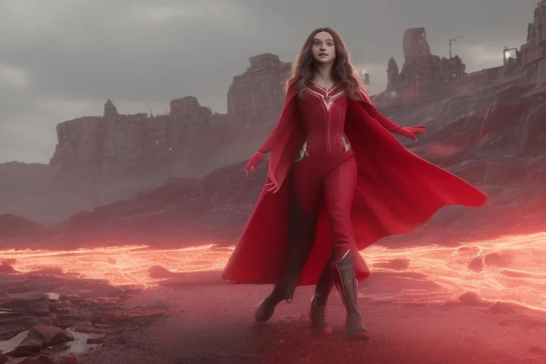 Wanda Maximoff, feiticeira escarlate usando traje vermelho de vestido, destruindo a realidade, governando o mundo, destruição, 4k render, dramático, cinematográfico, poderes destruindo tudo, expressão brava