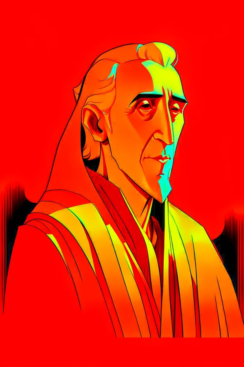 A portrait of Christopher Lee in his thirties as an elf mage, dressed in an expensive orange medieval shirt, in the style of Genndy Tartakovsky, long elven ears, dark background