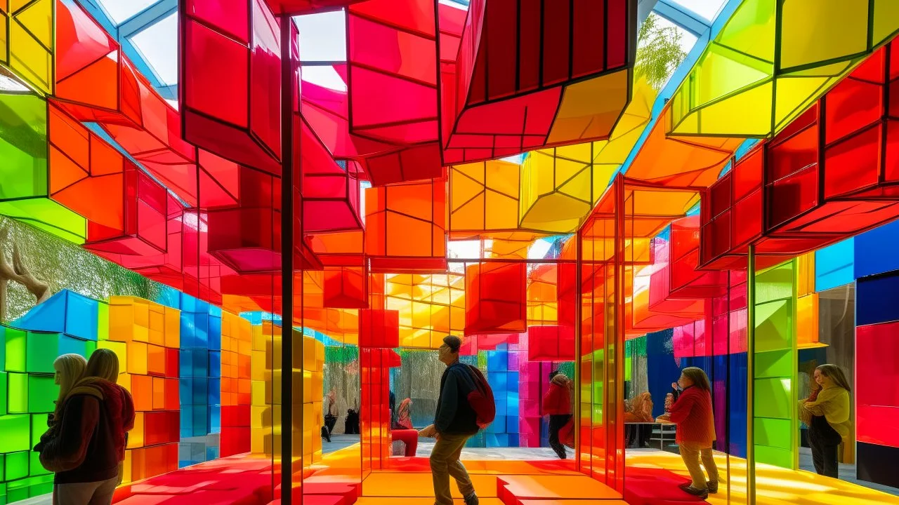 Una plaza tropical transformada en una instalación inmersiva de arquitectura y color, formada por grandes planos geométricos suspendidos, tejidos translúcidos, paneles amarillos, naranjas, rojos y magentas, plataformas escalonadas y pequeños espacios habitables que invitan al recorrido. Varias figuras adultas atraviesan libremente la instalación, generando escala y movimiento. Abstracción constructiva, geometría modular, color como elemento espacial, composición abierta y participativa, material