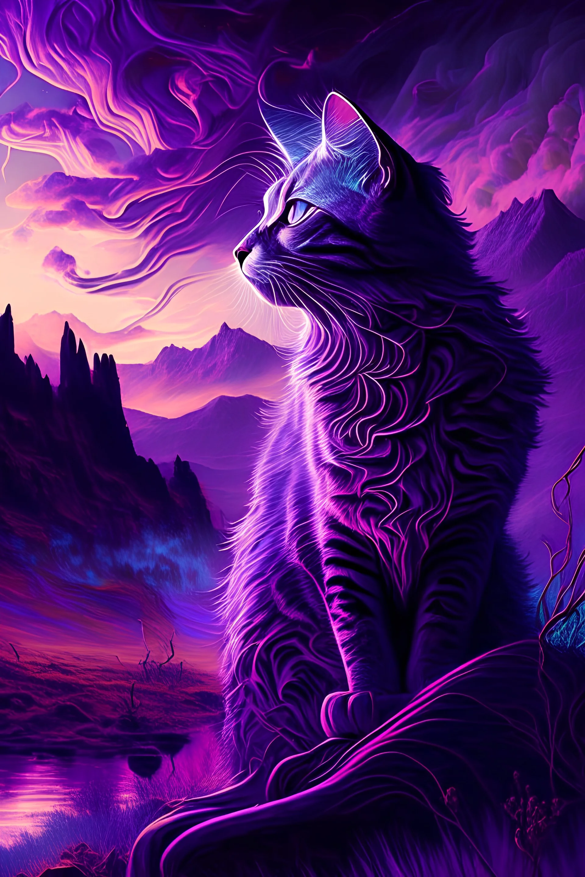 majestic cat, psychedelic, violet tones, fantasy landscape