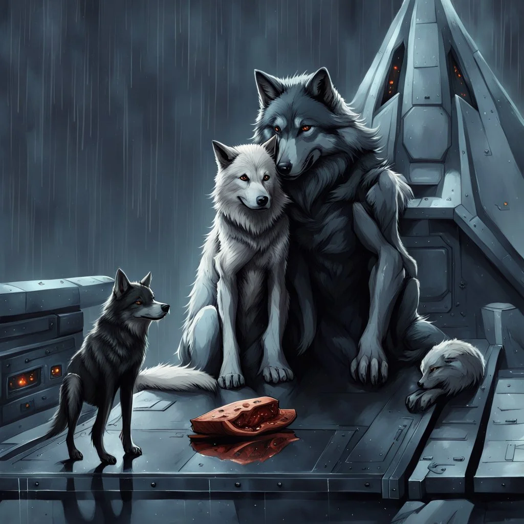 digital art front in picture an of little dark dog like creature stands and looking an anthropomorphic wolf couple sitting on the spaceship's ramp close together, the pale gray female wolf sits behind strong male wolf and puts one paw on the dark gray wolfman's shoulder, raini day, on ramp a little piece of meat lies down, high contrast, high detalied, high realistic, in background detail of an angular spaceship. Rain, The atmosphere is a seamless blend of sci-fi, dark fantasy