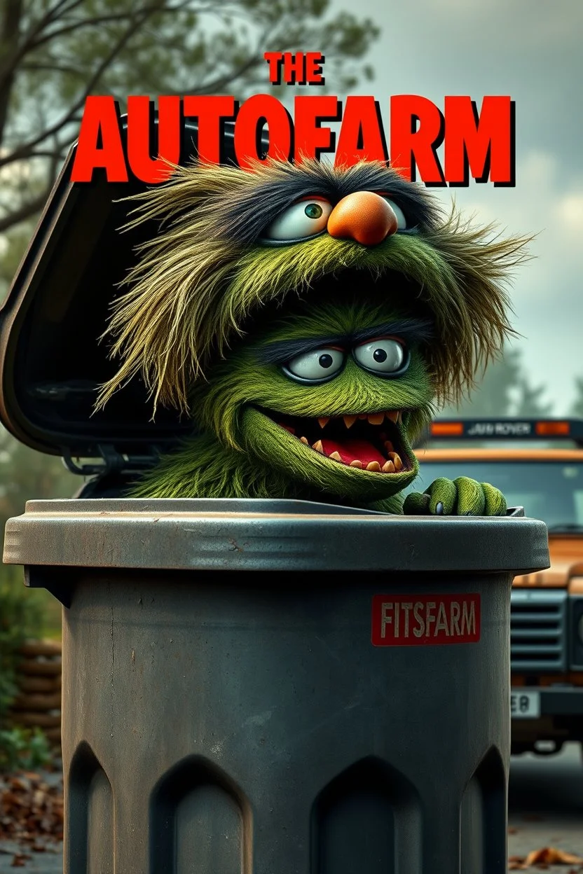 Oscar the AUTOFARM Grouch SESEME ST CHARACTER IN LARGE GARBAGE TRASH BIN,GARBAGE TRASH BIN, side profile, "GARBAGE TRASH BIN IN FRONT" man in super blackscary (((((autofarm)))))) TITLE in movie poster movie style horror look. as five headed mouth open, rough teeth, turn head around, landrover crash in background(&*&*^%$^#%$#%$^%$#^#$#^%#$^$#