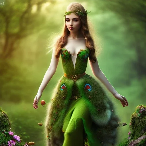 apple, upper body of selda as elf, fast walker, as a brunette young cute feminine woman, short hair, green forest background, pond, mega flowers,peacock,sun light