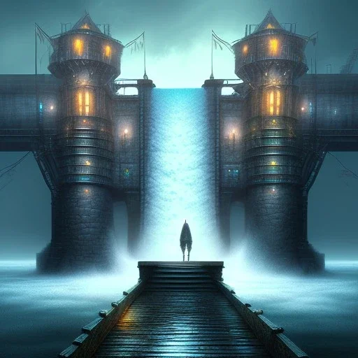 fantasy art, book cover, big mad wizard in front of the ebony stairs, a bridge or dam ,icy water, on the bridge is a big hairy mad wolf