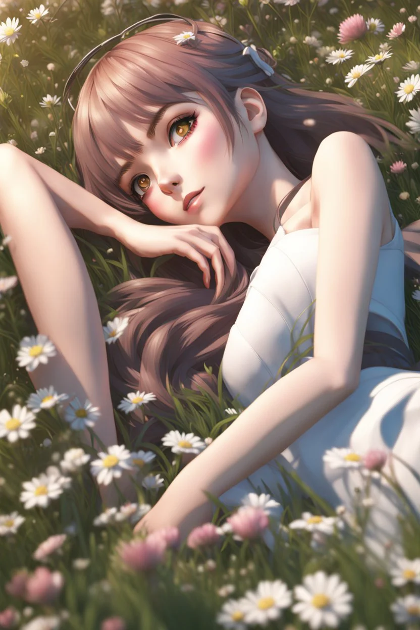 8k quality realistic image of a beautiful anime girl, laying in a meadow of flowers, up close, 3d