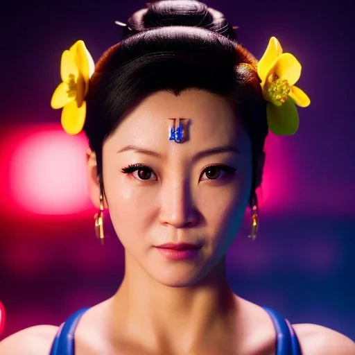 Chun-li underwater with yellow flowers for hair, closed eyes, rtx, reflection, 8k, glow, winning photography, caustics