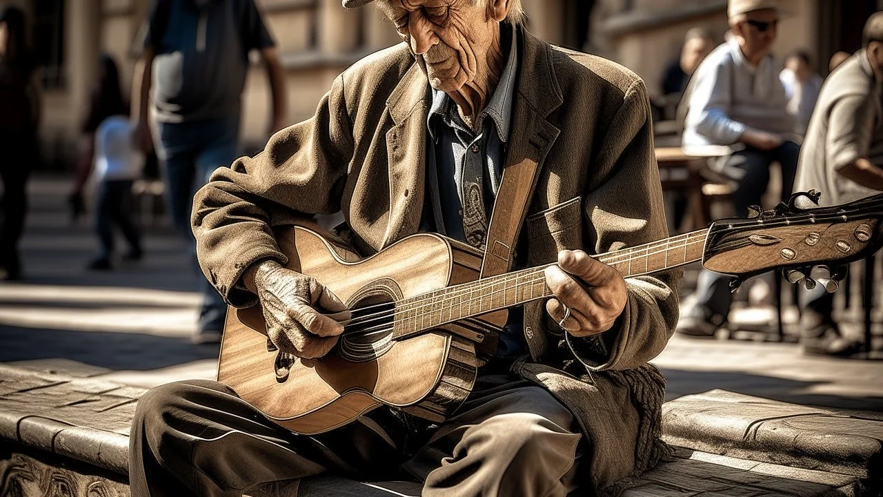 An elderly, blind guitarist sits on a worn wooden stool in the heart of a bustling, sunlit square. His face is furrowed with deep wrinkles, each line telling the story of a life filled with music and hardship. His eyes are closed, but his expression radiates serenity and wisdom. His fingers, calloused and strong, dance effortlessly over the strings of a well-worn acoustic guitar, its body scratched and faded from years of use. The guitar’s warm, honey-toned wood glows softly in the golden aftern