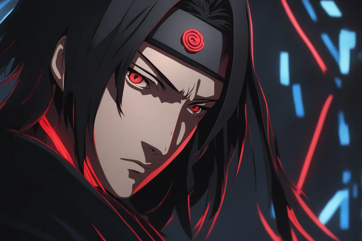 Itachi in 8k concept artstyle, 2D anime them, neon effect, big, close picture, apocalypse, intricate details, highly detailed, high details, detailed portrait, masterpiece,ultra detailed, ultra quality