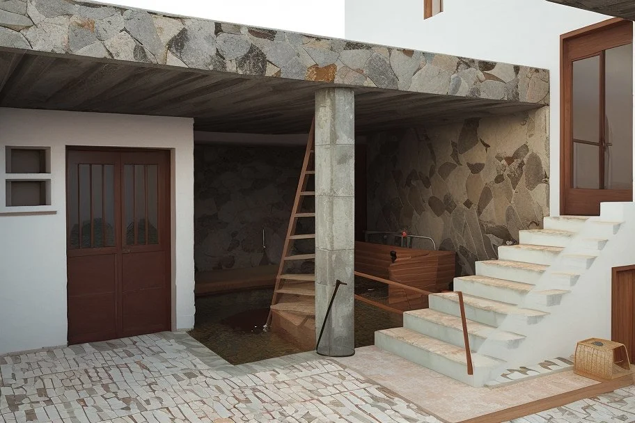 a swimming pool in the pateo of an Alentejo house with natural stone walls and 3d panels