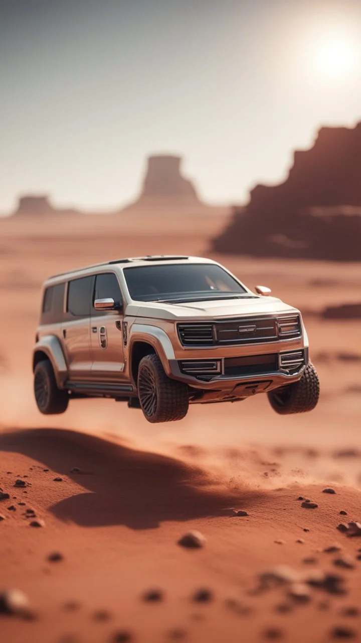 a long pickup limousine doing stunt jumps on mars ,bokeh like f/0.8, tilt-shift lens 8k, high detail, smooth render, down-light, unreal engine, prize winning