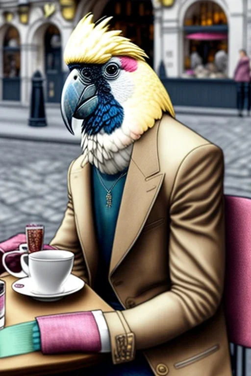 One single mature rich cockatoo with expensive clothes, sitting in a café on the street, Vienna, laughing, colour, model style, hyper realistic, extremely accurate, delicate, extremely detailed, Graphic novel style, wide-angle, open aperture, superfine pencil