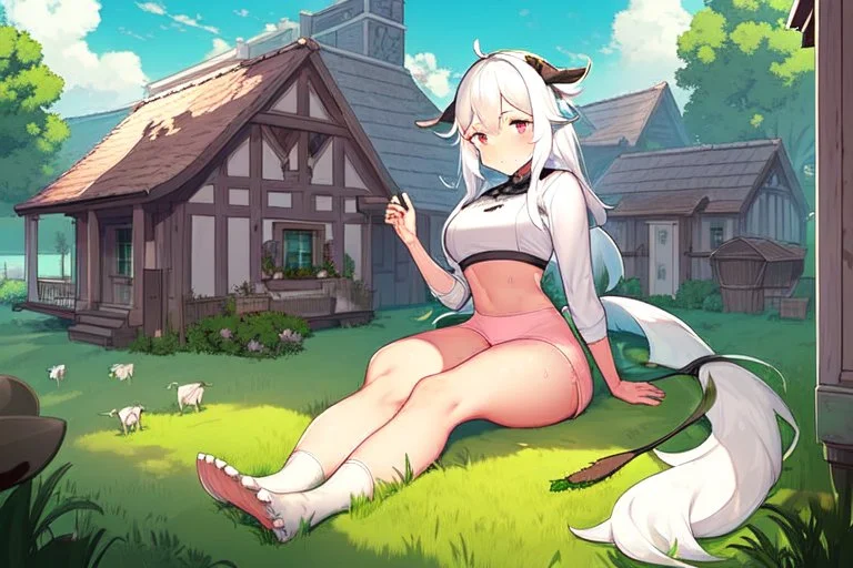 Farm, green grass, house, girl,white hair , sit on grass, cow's tail, cow's horne , cow's under, pink stomach, sweats