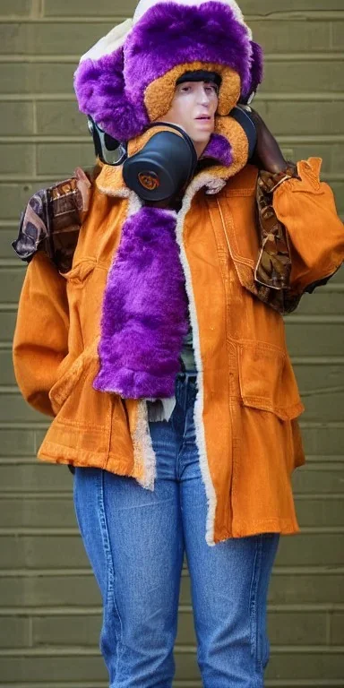 Brunette.thick thighs,thick calves,normal bodytype. big head. Mantle is sewed of upcycled Denim and sewed together of camouflage pieces. Pieces' color are orange, cream and purple. It is with big bright purple felt tippet and cream-colored-hood. mantle is merged with satchel. . Big AKG-style headphones (gold rings!) is merged with small felt cap with small visor. Style: Haute Couture in 1920's, N.Y.C fashion in 1996, inspired by street art. Cream latex gaiter. Her head and rest body visib