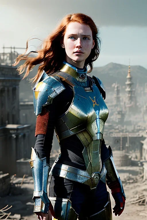 ultrarealistic, concept art, panoramic, ruined city,__intricate fantasy armor__, no star, __angles__, 18 year old woman, strikingly beautiful,ginger hair, _colour_, (pale __skincolor__ skin:1.2), __camera__, long hair, detailed face and eyes, medium breasts, sci-fi theme, freckles, dynamic pose, resolved expression, __accessory__, strappy outfit, (straps:1.1), sword in scabbard on left hip, (buckles, buttons, snaps, rings:1.0), haltertop style breastplate, detailed eyes, plump lips