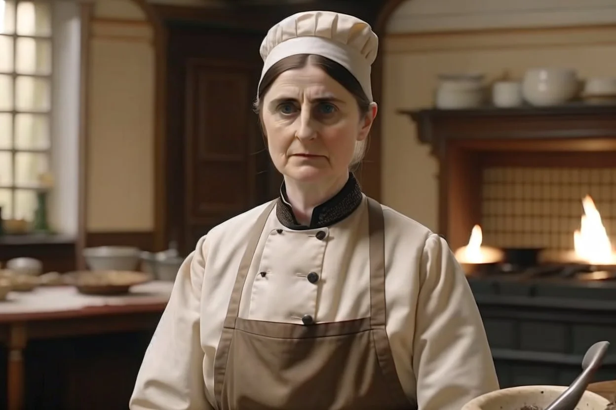 ww1 woman cook talking close-up standing up looking to the camera, ww1 mansion kitchen background