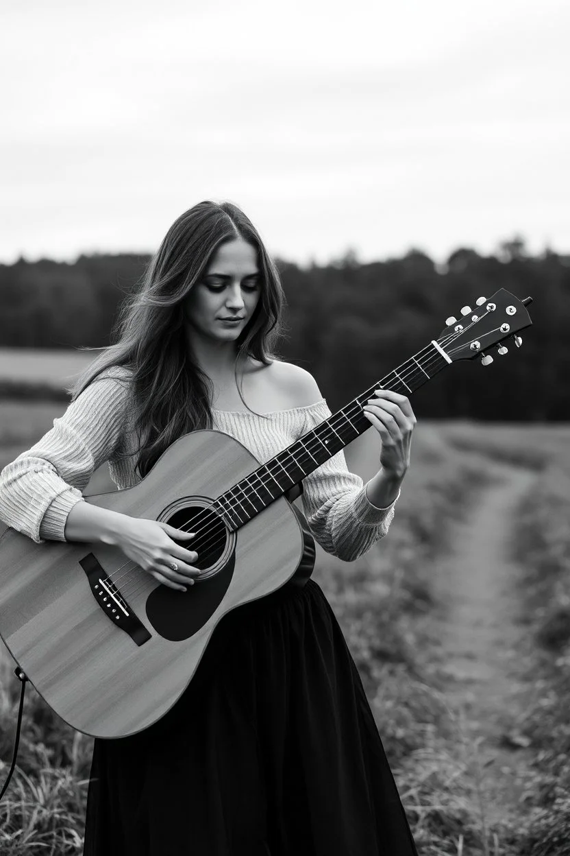 beautiful woman playing acoustic guitar in mid west blck and white old photto