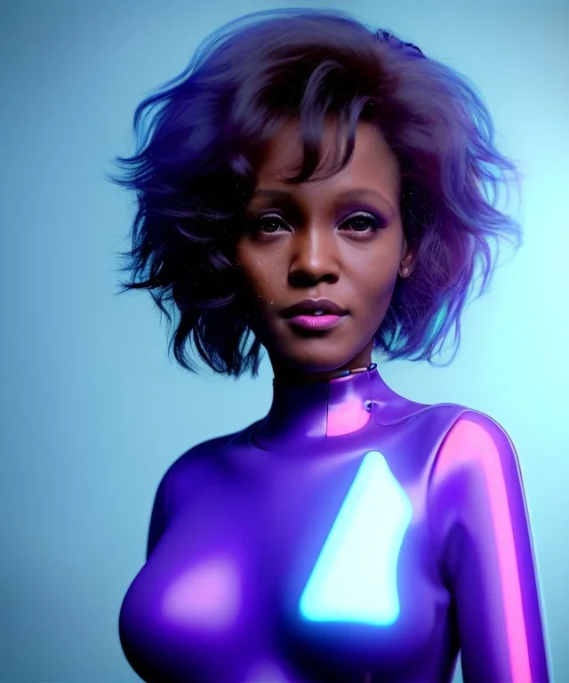 Artist, young Whitney Houston, android woman, sweet, clean skin, short hair, circuits, ghost in the shell, latex coat, feather, cyber punk, neon, bamboo, blood, portrait, studio photo, unreal engine 5, soft color, 16 bit, god lights, ray tracing, RTX, lumen lighting, ultra deatail, volumetric lighting, 3d, finely drawn, hd.