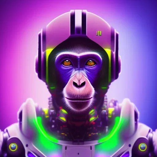 A beautiful portrait of a cyborg monkey purple neon color scheme, high key lighting, volumetric light high details psychedelic background