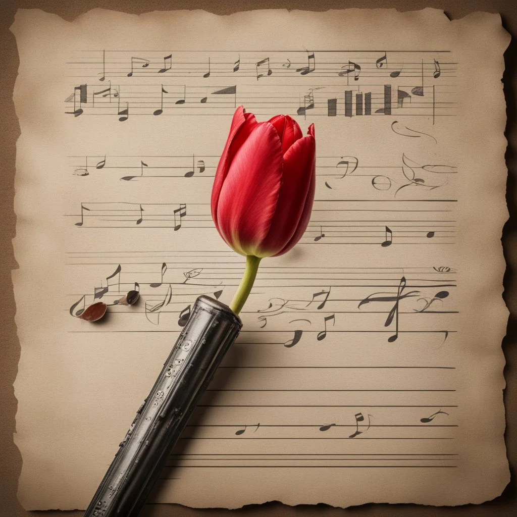 Hyper realistic red tulip on the side of a vintage paper with harmonica instrument & small musical notes